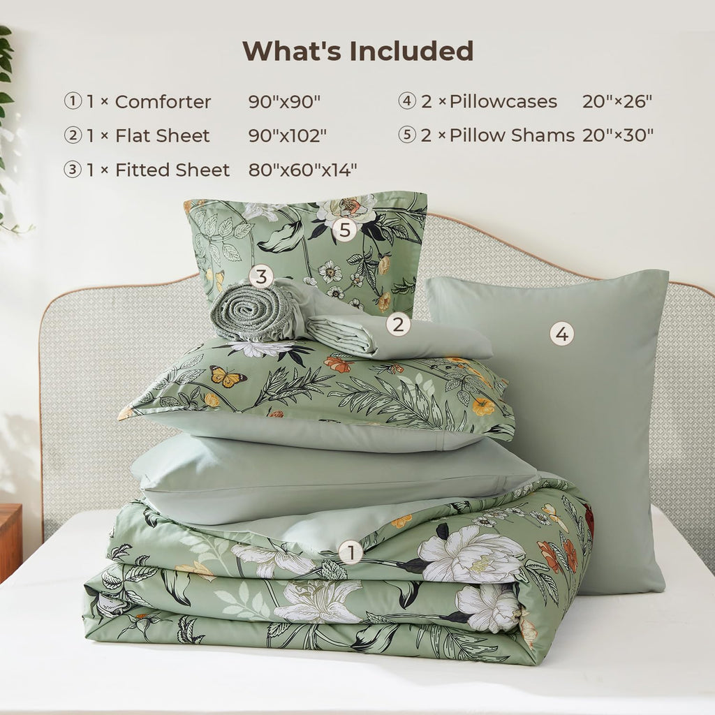 Litanika Floral Green Comforter Queen Size-7 Piece Botanical Birds Bedding
