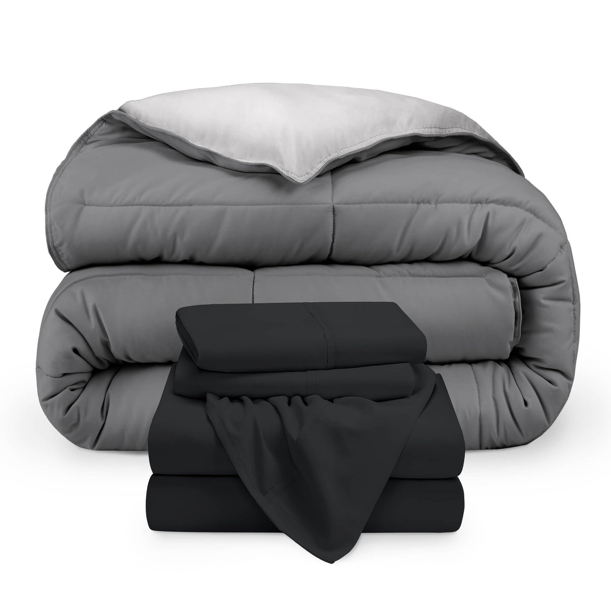 Bare Home Reversible Bed-in-A-Bag Comforter & Sheet Set - Queen - Down Alternative - Soft - Bedding Set (Queen, Light Grey/Grey)