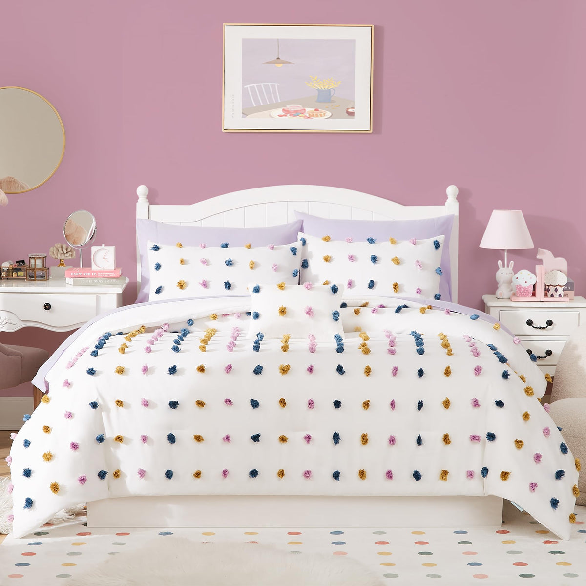 Queen Comforter Set - 7 Pieces Pink Bedding Set Bow Jacquard Bed in a Bag
