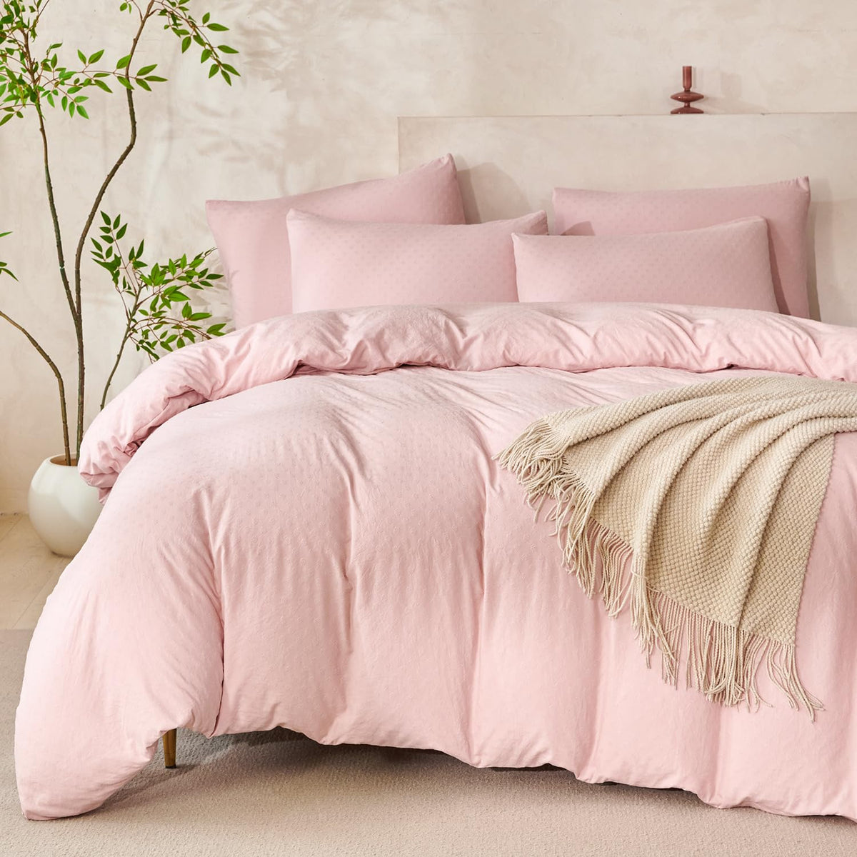 Comforter Set King Size Dusty Pink Soft Luxury Washed Microfiber Jacquard 3 Pieces Bedding Set, White Dusty Pink Vertical Ticking Stripes Comforter with 2 Pillowcases Breathable Durable Comfy