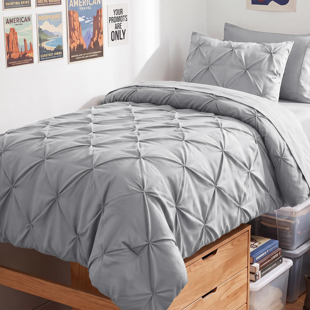 HIMEET Queen Comforter Set Black - 7 Pieces Pintuck Bed in a Bag