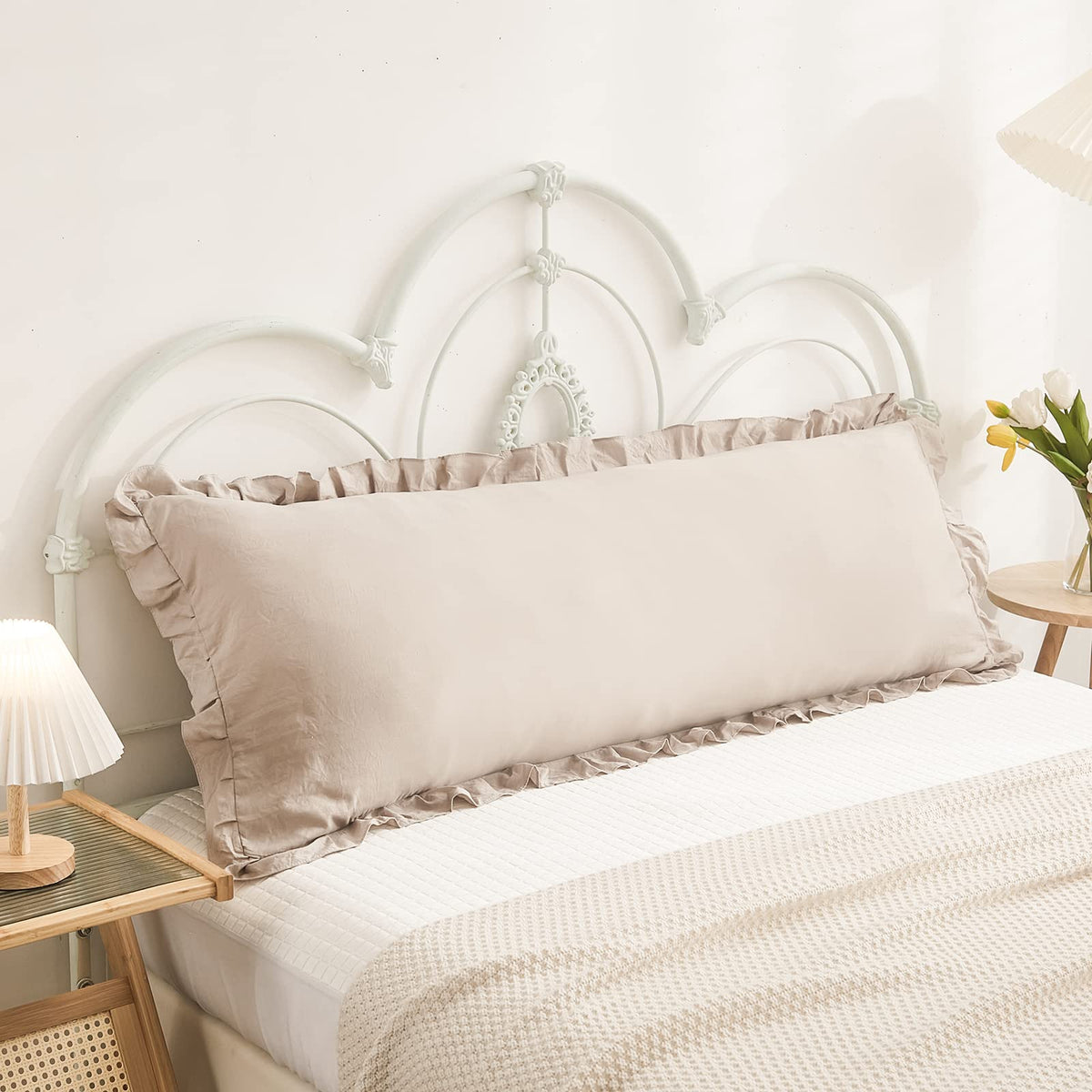 Boho White Body Pillowcase 20x54in - Ruffled Fringe Decor Sham