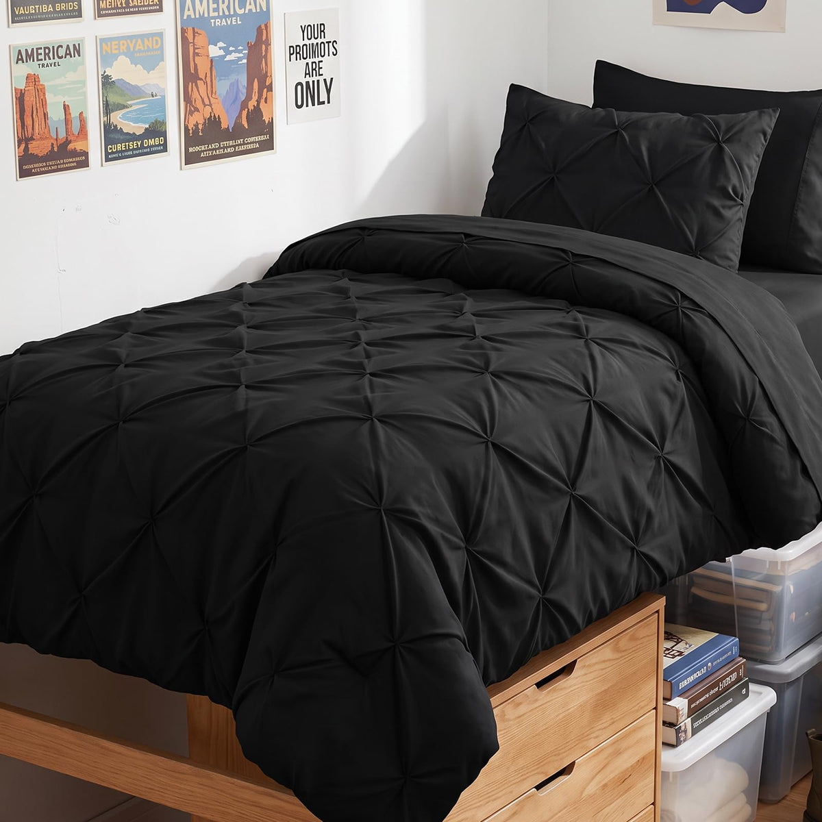 HIMEET Queen Comforter Set Black - 7 Pieces Pintuck Bed in a Bag