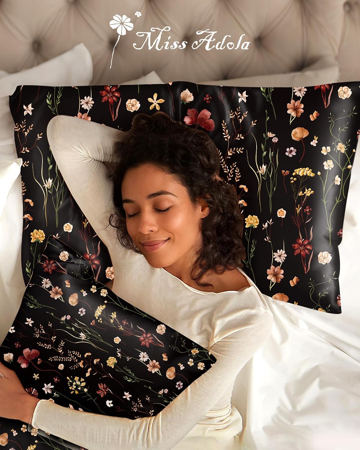 Miss Adola 2pcs Silk Pillowcase with Hidden Zipper, BLK Grow Flower