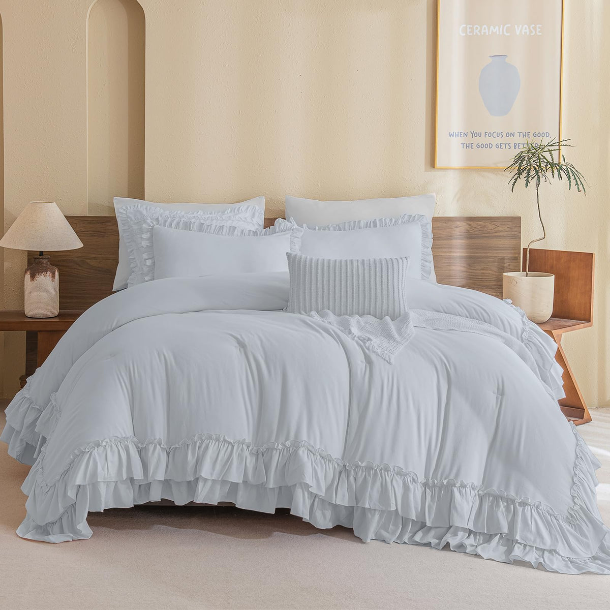 Masaca Ruffled Comforter Set Queen,Farmhouse Shabby Boho Chic Bedding Wheat and White Ruffle Comforter Vintage Rustic French Country Elegant Bedding Set 3PCS