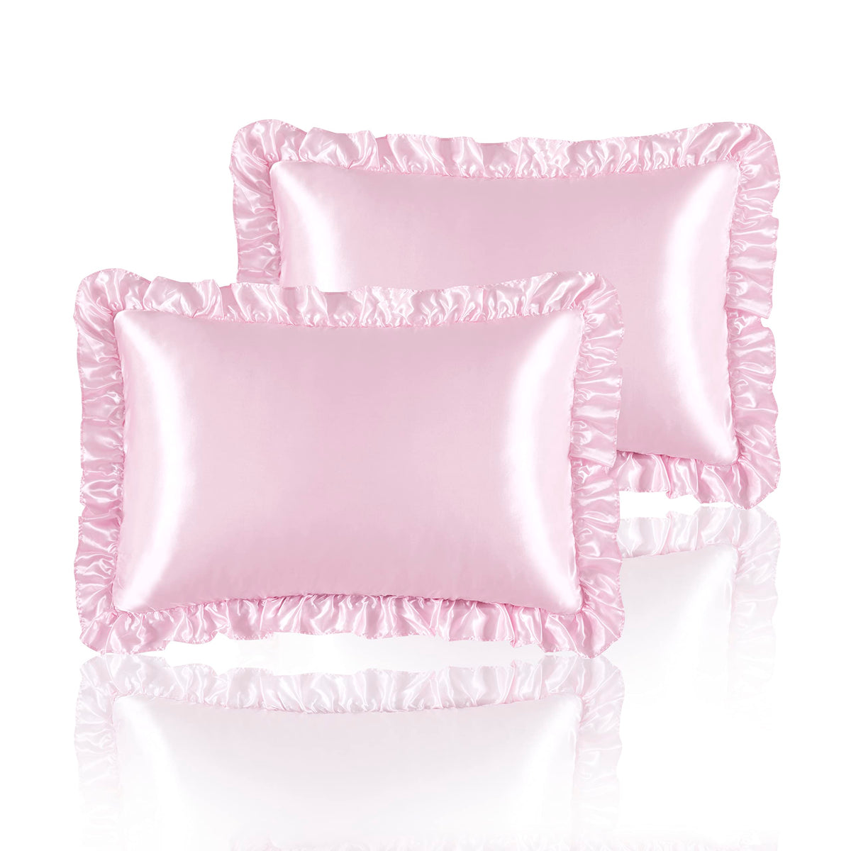 Blush Pink Satin Ruffled Pillow Cases for Hair and Skin,Blush Pink Silk Pillowcases Standard Set of 2 with Envelope Closure Princess Room Decoration