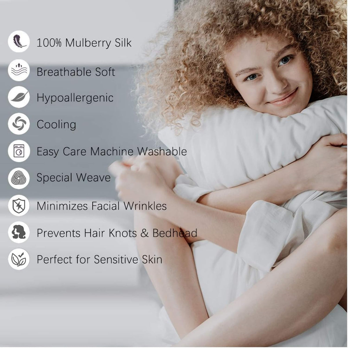 100% Silk Pillow Cases 2 Pack, Mulberry Silk Pillowcase for Hair and Skin with Hidden Zipper, Soft Breathable Smooth Cooling Silk Pillowcase for Sleeping Women (White, Standard)