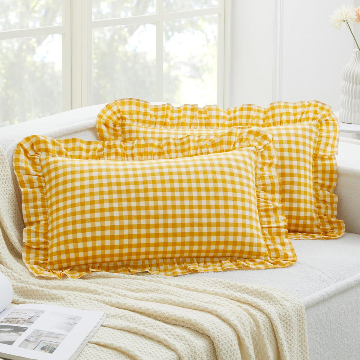 KKJIAF 2 Pcs Plaid Ruffle Pillow Case Standard Size, Sage Green Plaid