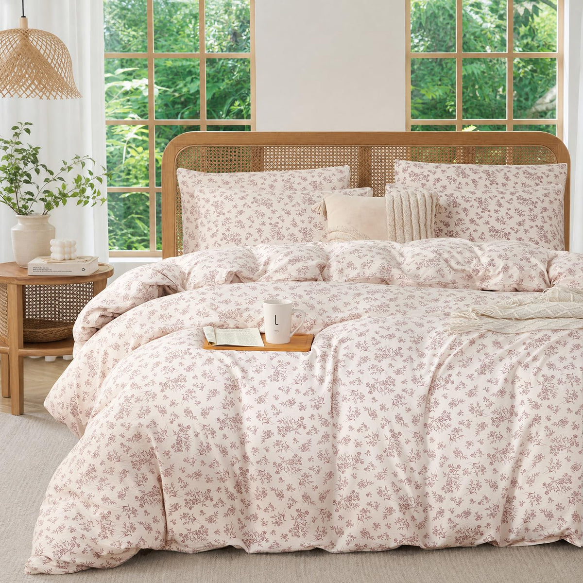 Comforter Set King Size Dusty Pink Soft Luxury Washed Microfiber Jacquard 3 Pieces Bedding Set, White Dusty Pink Vertical Ticking Stripes Comforter with 2 Pillowcases Breathable Durable Comfy