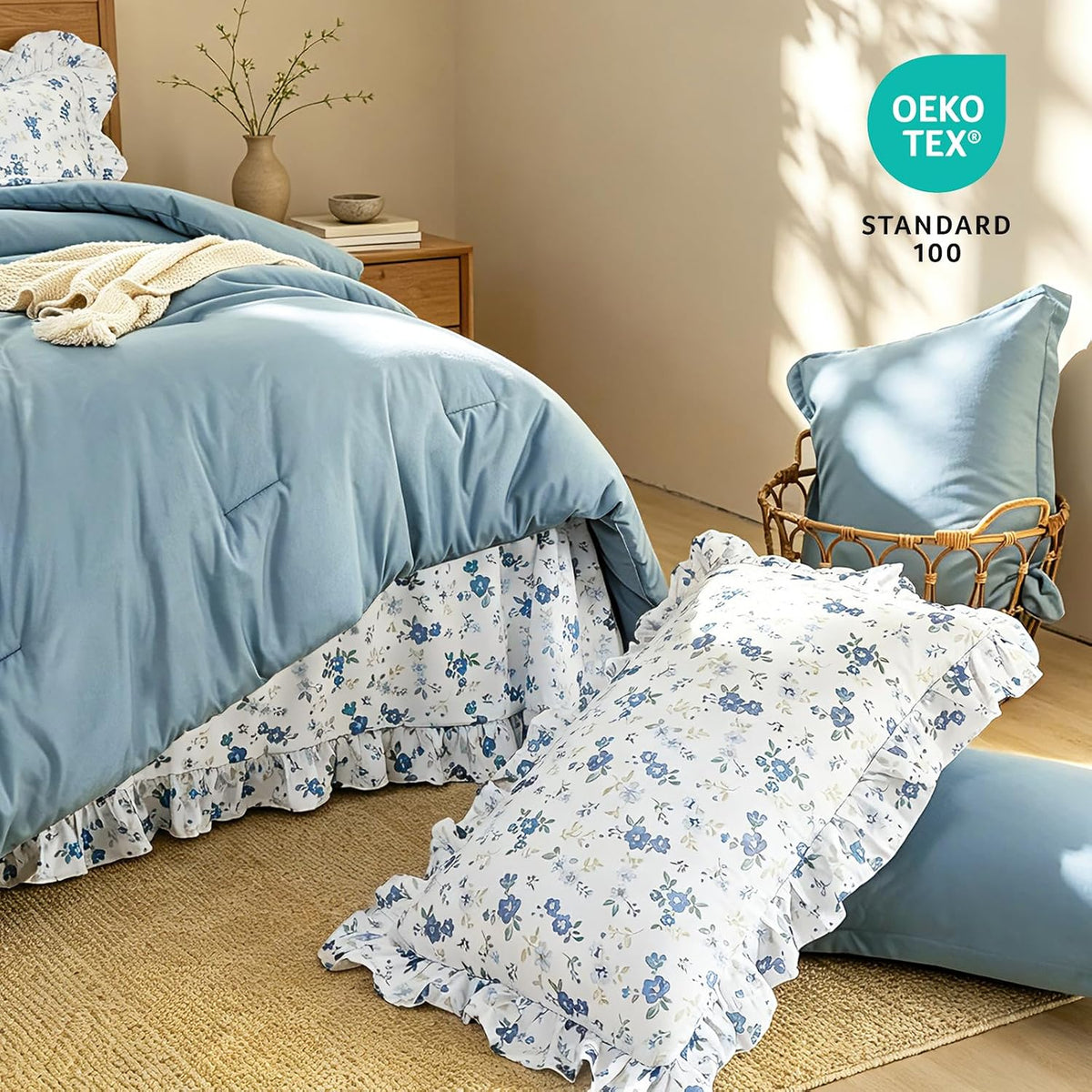 8PC Queen Comforter Set Blue, Ruffle Comforter with Floral Sheets