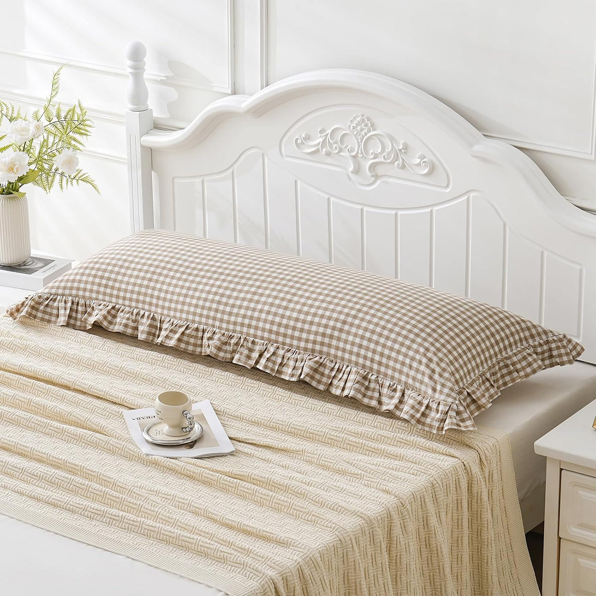 Taupe/White Plaid Ruffled Body Pillow Cover Washed Cotton 20"x54"