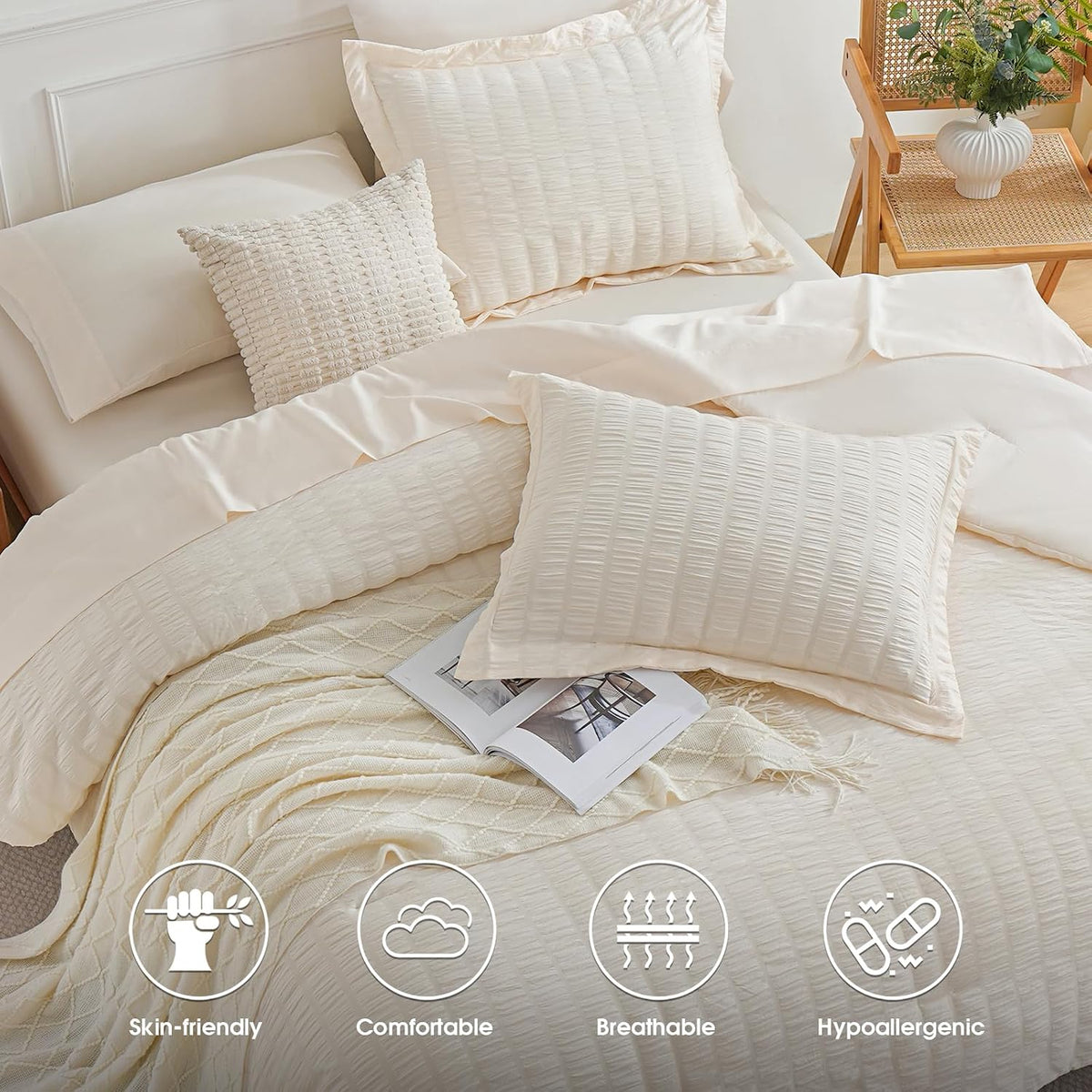 FreshCulture Twin Size Comforter Set Seersucker 5 Pieces, All Season Bedding Set Twin, Soft Bed in a Bag Comforter Set with Comforter, Flat Sheet, Fitted Sheet, Pillowcase and Pillow Sham, Cream
