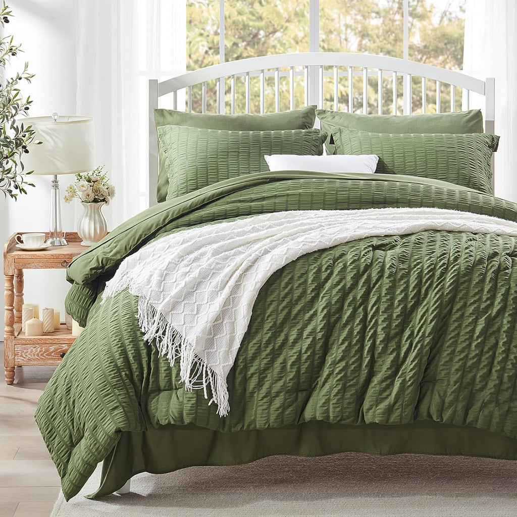 Zzlpp Queen Comforter Set 7 Piece, Green Bed in a Bag Queen Bedding Sets