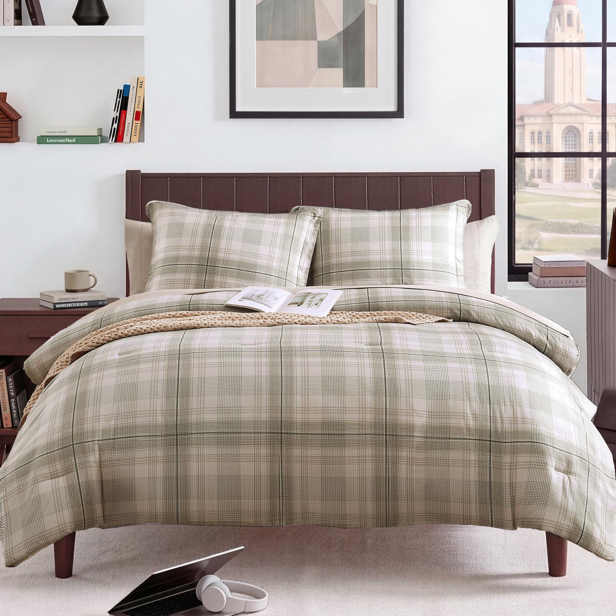 MaiRêve Plaid Queen Comforter Set Navy Blue 7 Pieces Bed in a Bag