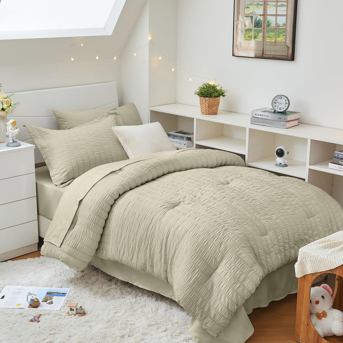 King Comforter Set - 7PCS Bed in a Bag, Seersucker Bedding Set, Dark Grey
