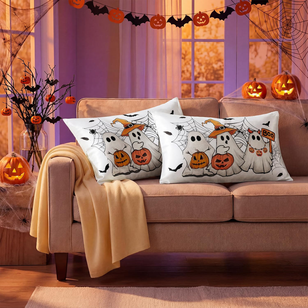 Horaldaily Halloween Ghost Spiderweb Standard Size Satin Pillowcases 2PCS