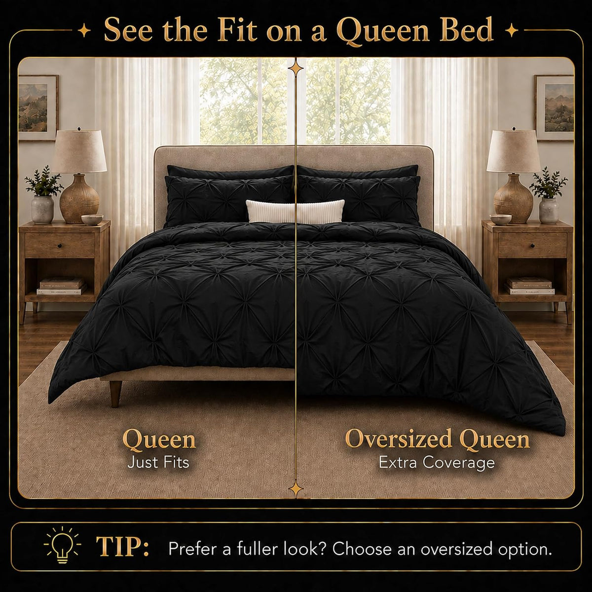 CozyLux Queen Comforter Set Black, 7 Pieces Pintuck Bed in a Bag