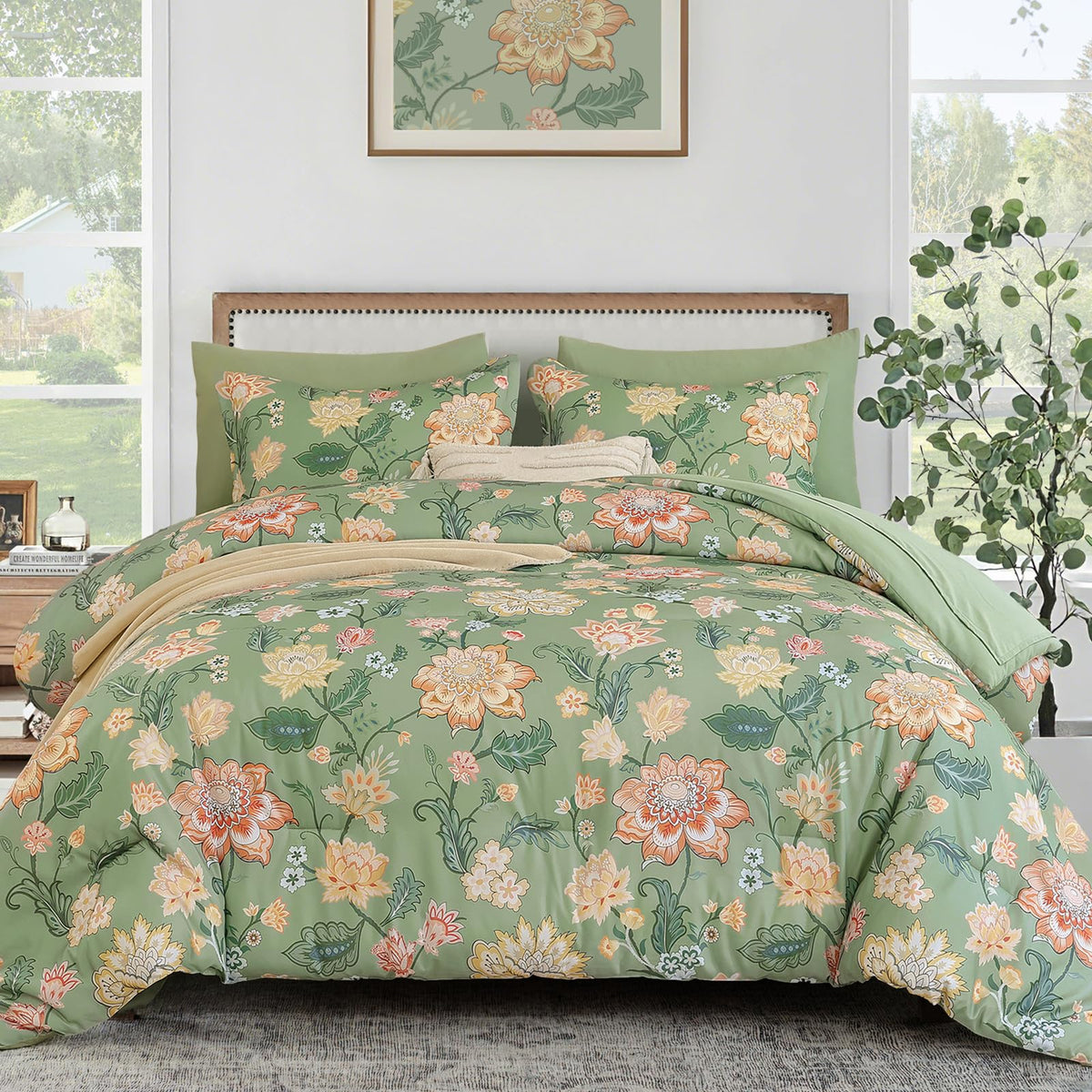 Luxudecor Blue Rose Floral Queen Comforter Set, 7 Pieces Bed in a Bag
