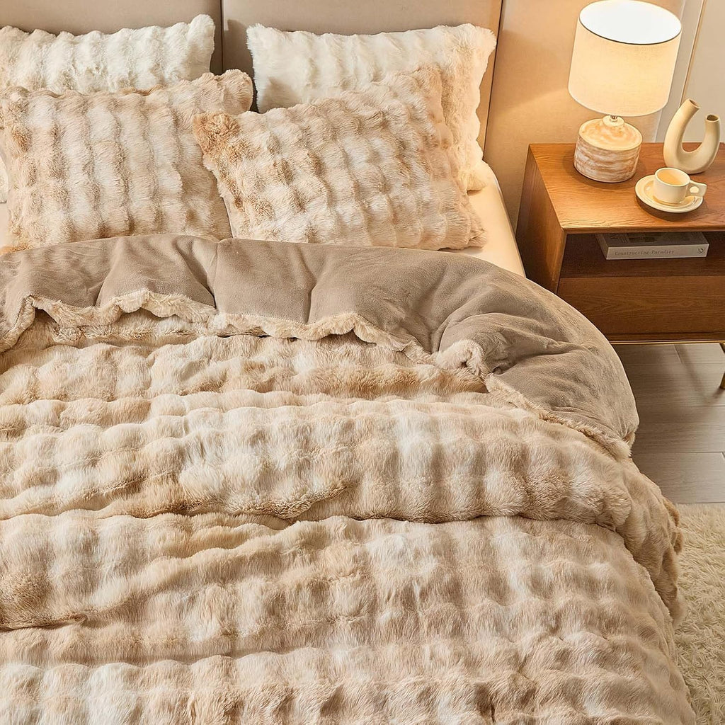 Full Faux Rabbit Fur Comforter Set - 3 Pieces Fluffy Bedding Set Ultra Soft Warm Shaggy Winter Flannel Bed Set, Luxury Skin Friendly Sherpa Comforter Set & Pillow for Thanksgiving Tie Dye Coffee