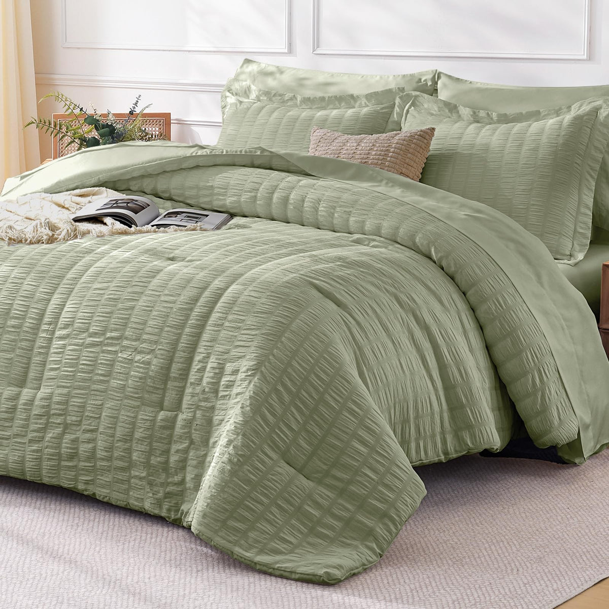 FreshCulture Twin Size Comforter Set Seersucker 5 Pieces, All Season Bedding Set Twin, Soft Bed in a Bag Comforter Set with Comforter, Flat Sheet, Fitted Sheet, Pillowcase and Pillow Sham, Cream