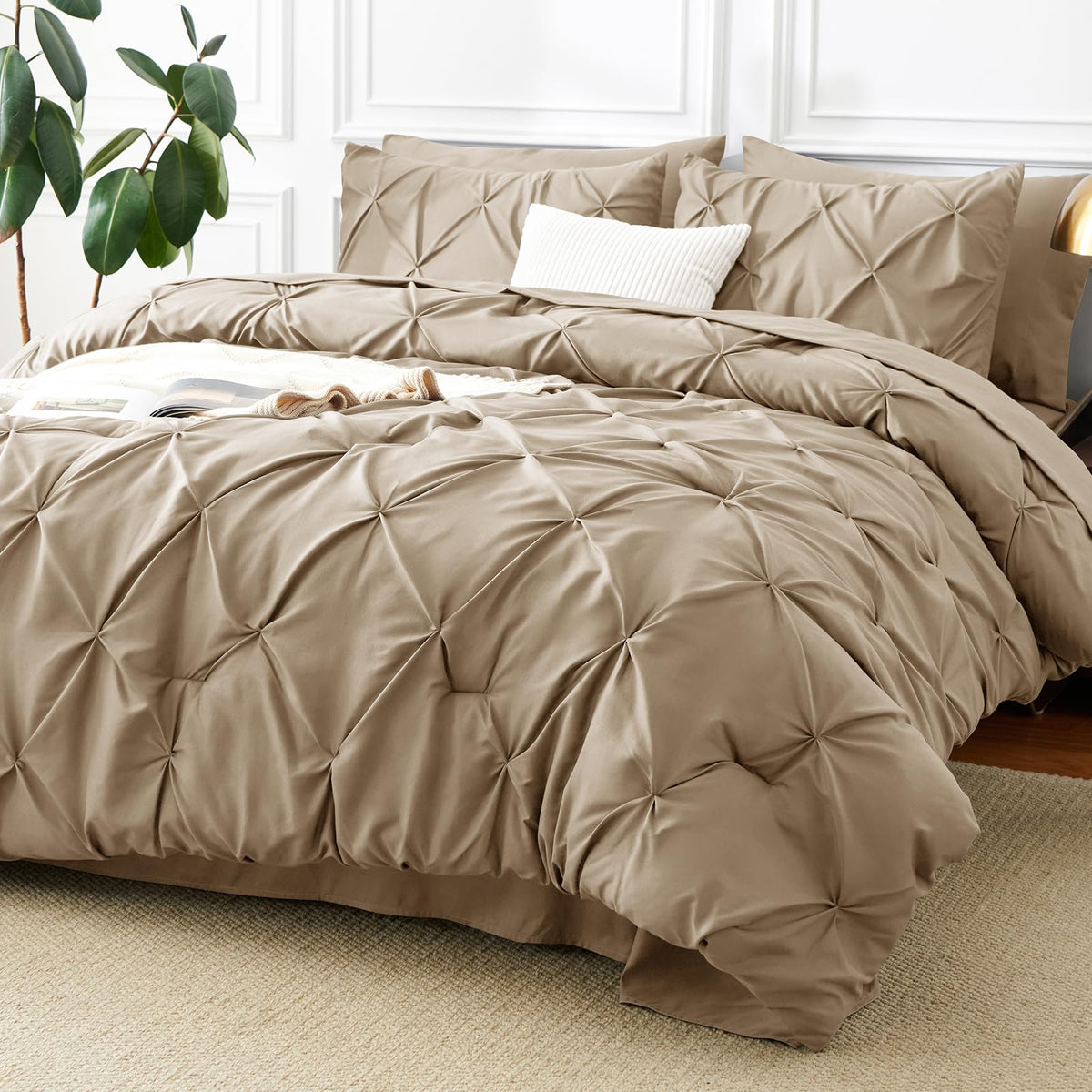 CozyLux Queen Comforter Set Black, 7 Pieces Pintuck Bed in a Bag