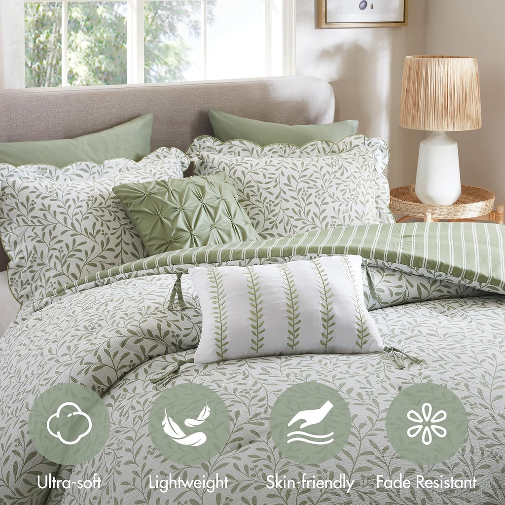 Madison Park Sage Green Floral Comforter Set King, 5PC Reversible Bed Set