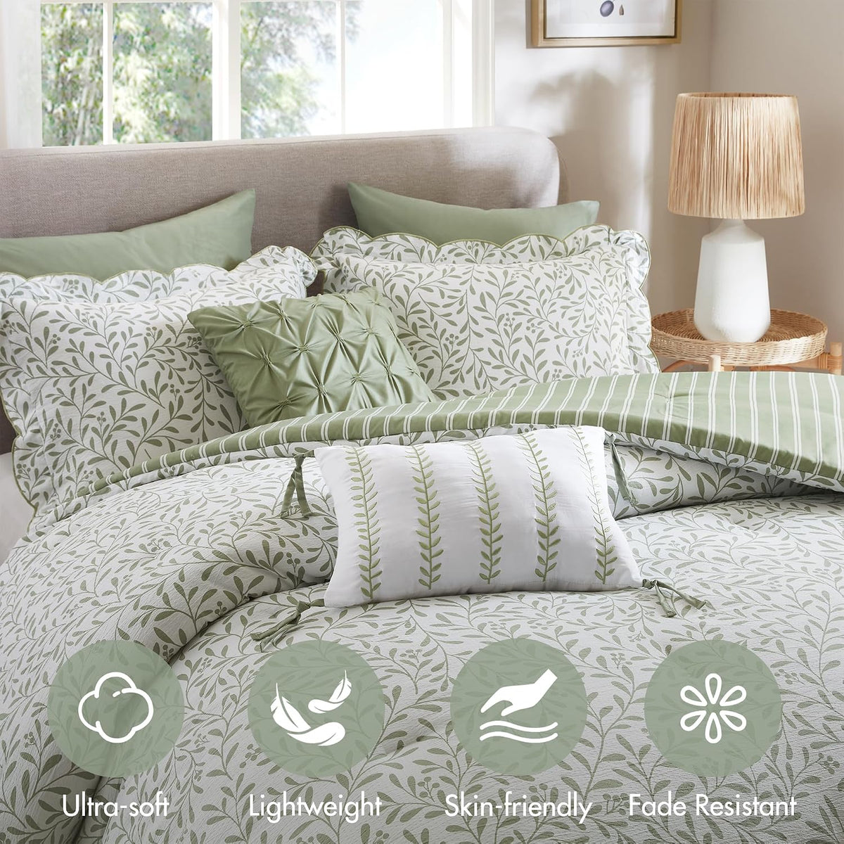 Madison Park Sage Green Floral Comforter Set King, 5PC Reversible Bed Set