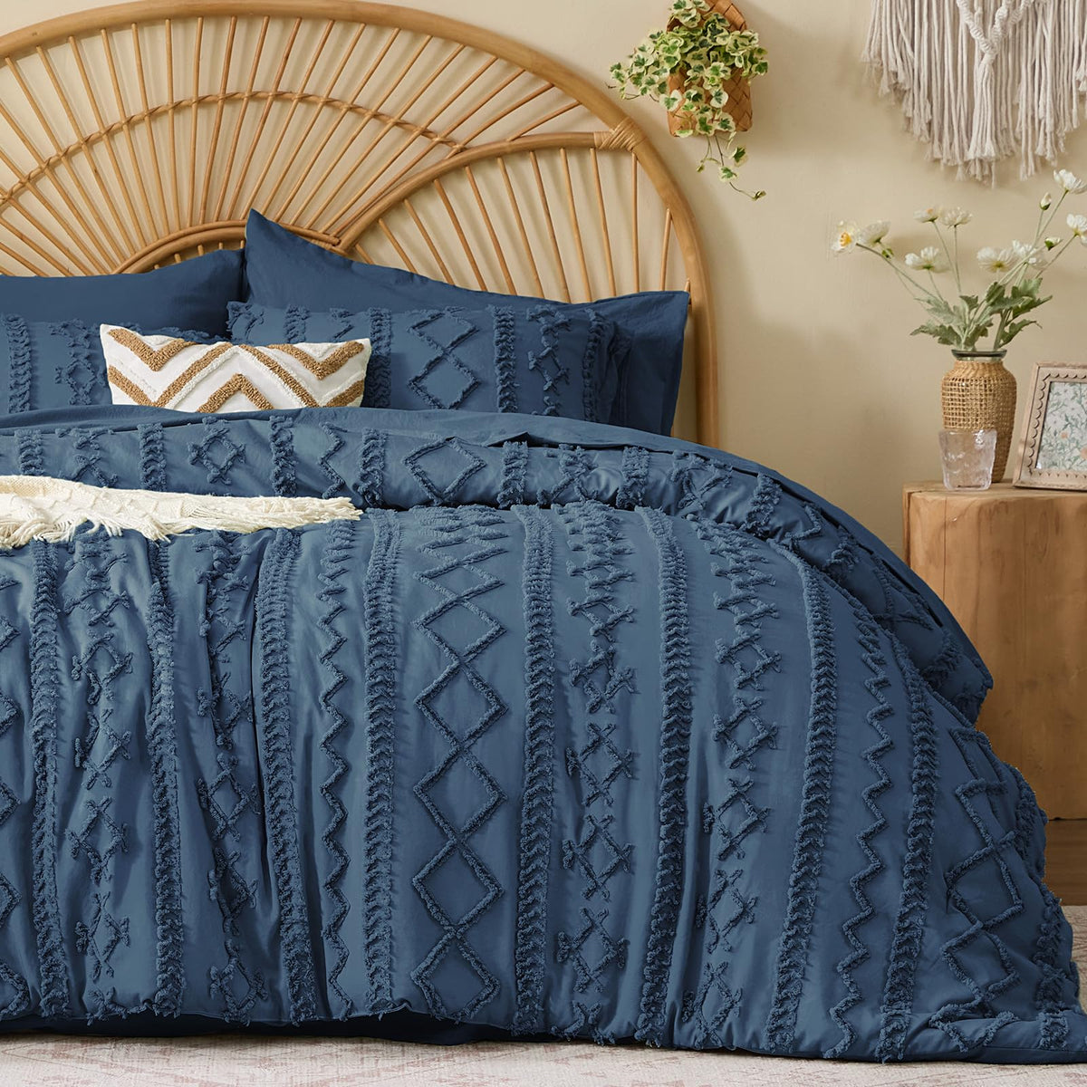 BEDELITE Queen Comforter Set 7 Pieces,Boho Bed in a Bag,Cream White