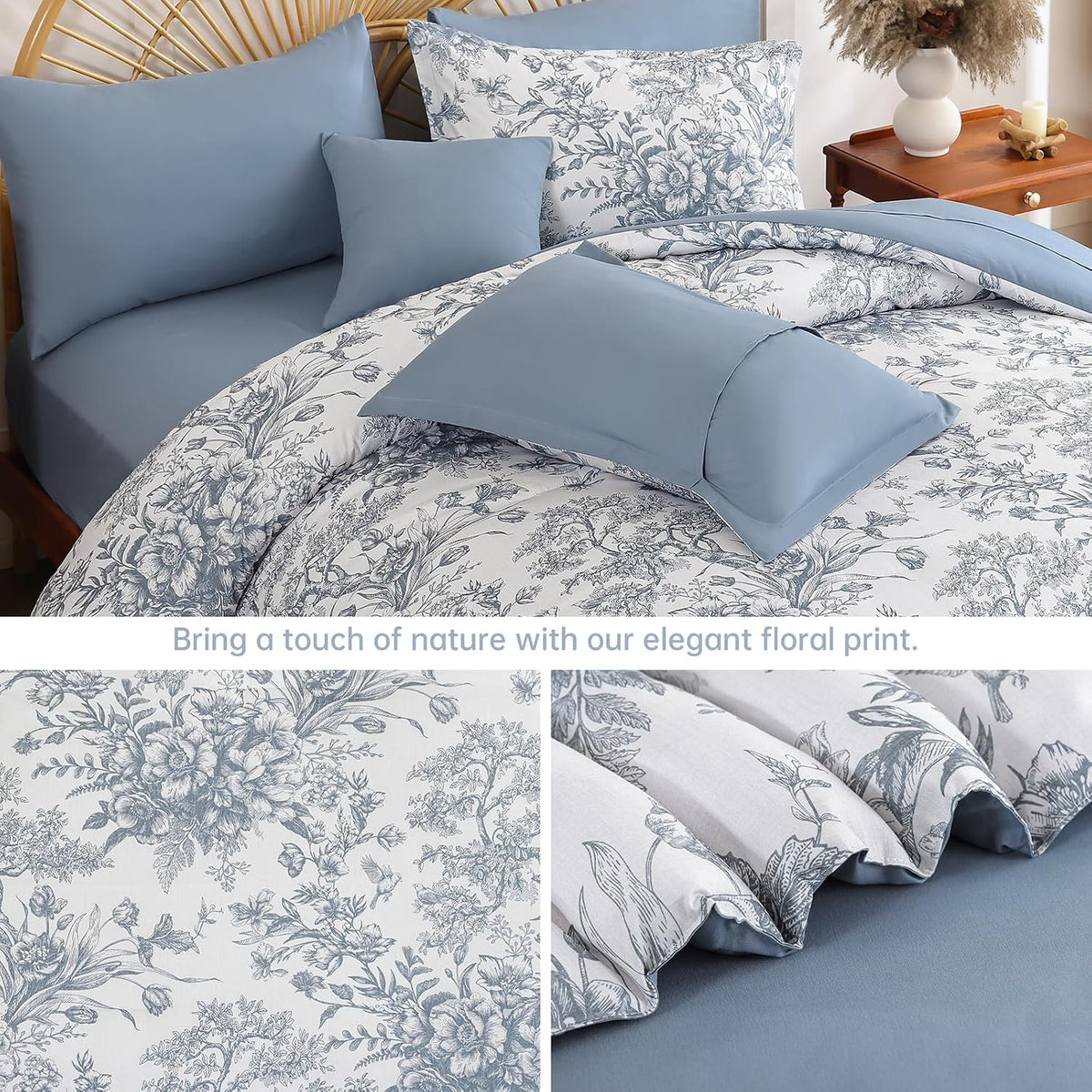 Queen Comforter Set 8 Pieces, Floral Comforter Set Blue, Bed in a Bag Queen