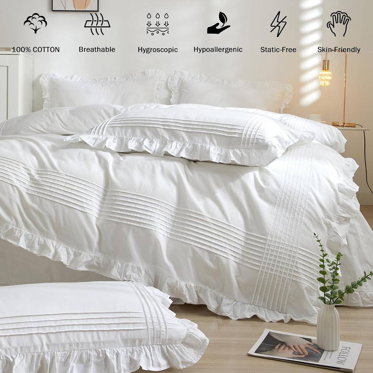 White Ruffled Pillow Shams Standard Size, 100% Cotton Pillow Cases, 20x26