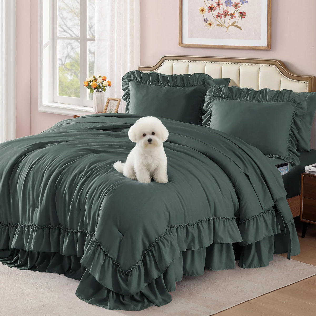 King Comforter Set Whisper White Ruffle 7 Pieces Farmhouse Bed in a Bag