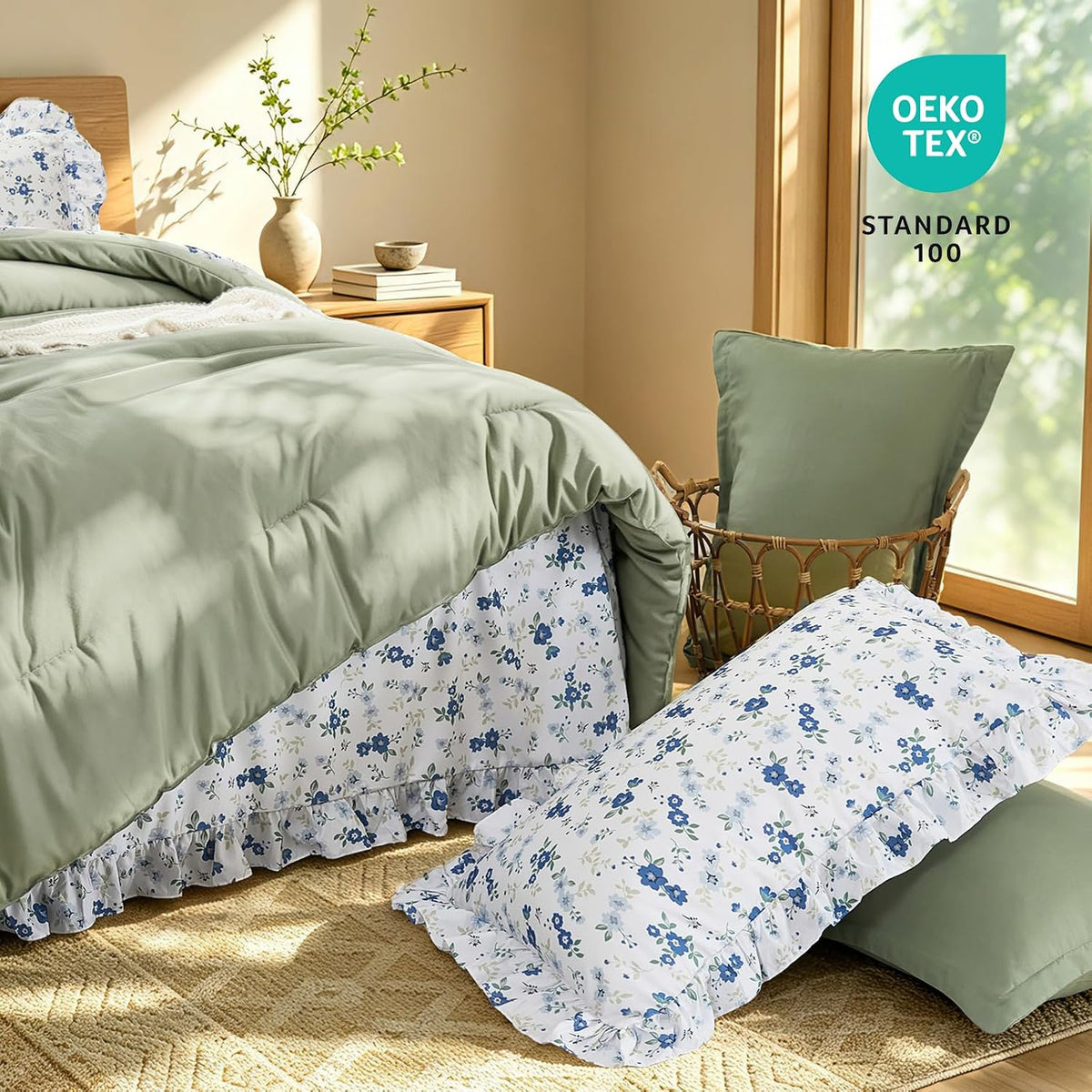 8PC Queen Comforter Set Green, Ruffle Comforter with Floral Sheets