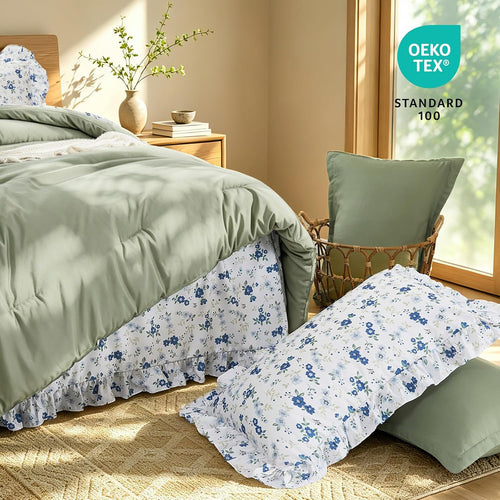 8PC Queen Comforter Set Green, Ruffle Comforter with Floral Sheets