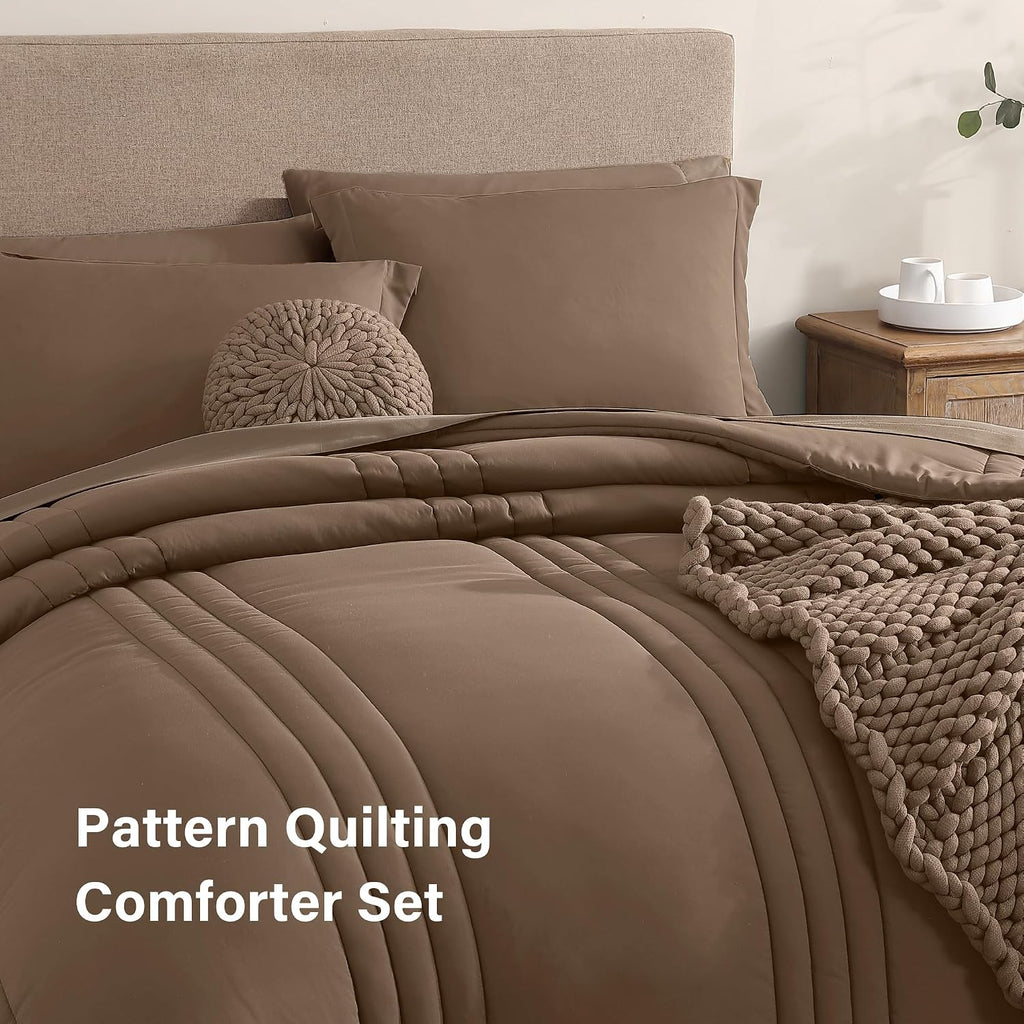 King Size Comforter Set-7 Pieces Brown Soft Bed in a Bag King Bedding Sets