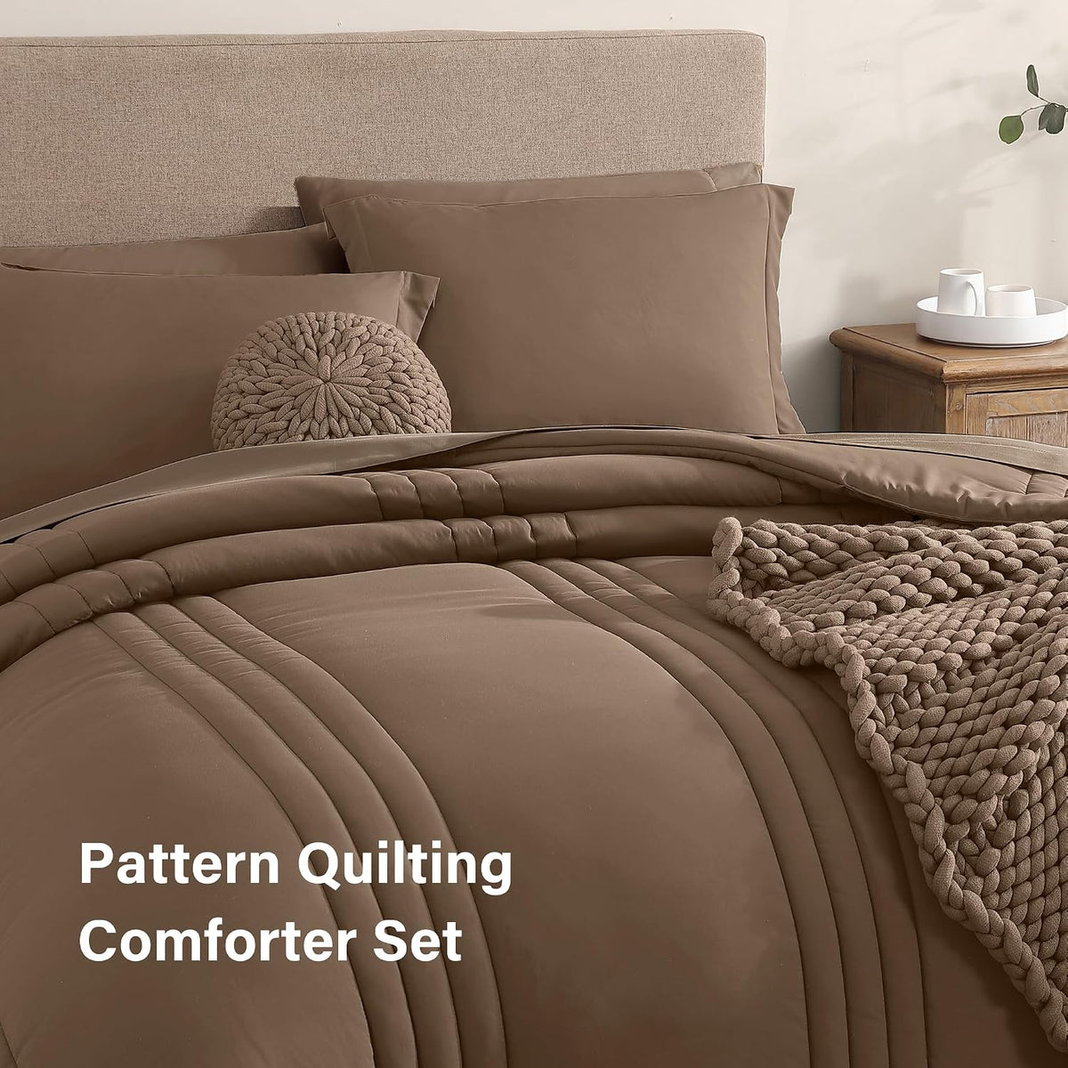 King Size Comforter Set-7 Pieces Brown Soft Bed in a Bag King Bedding Sets