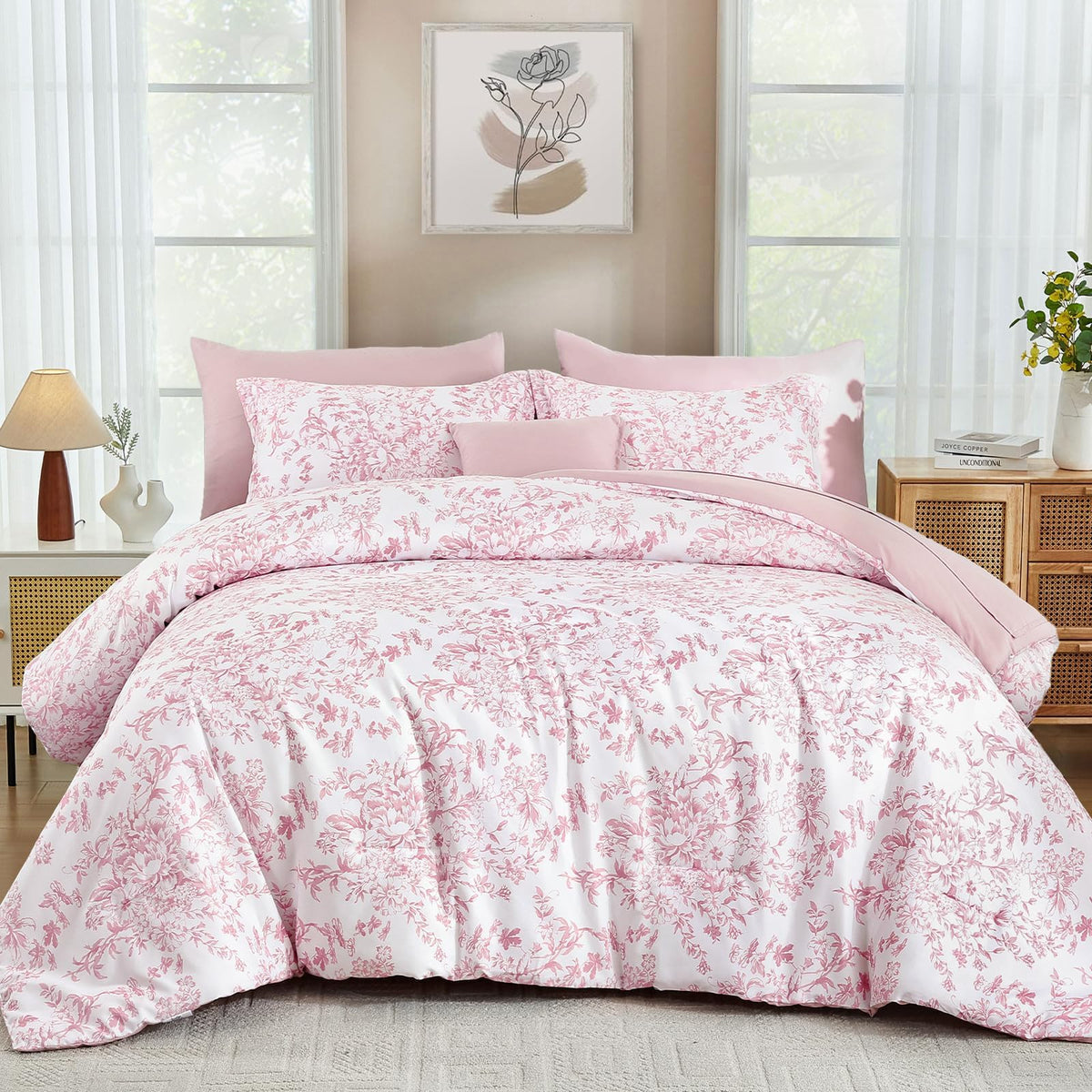 WONGS BEDDING 8 Pieces Queen Size Comforter Set Green, Sage Green Floral Bed in a Bag Comforter Sets, Soft Reversible Botanical Flowers Bedding Sets for All Season (90"x90")