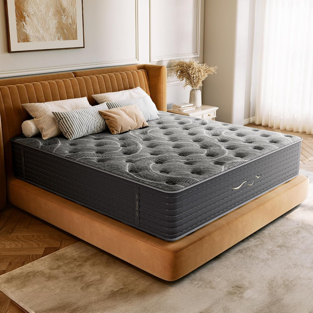 TXO 14 Inch Cashmere Hybrid Queen Mattress in a Box, Dual-Sided Medium Firm & Firm, Cooling Gel Memory Foam Mattress, Pocket Springs for Motion Isolation, Pressure Relief, CertiPUR-US Certified