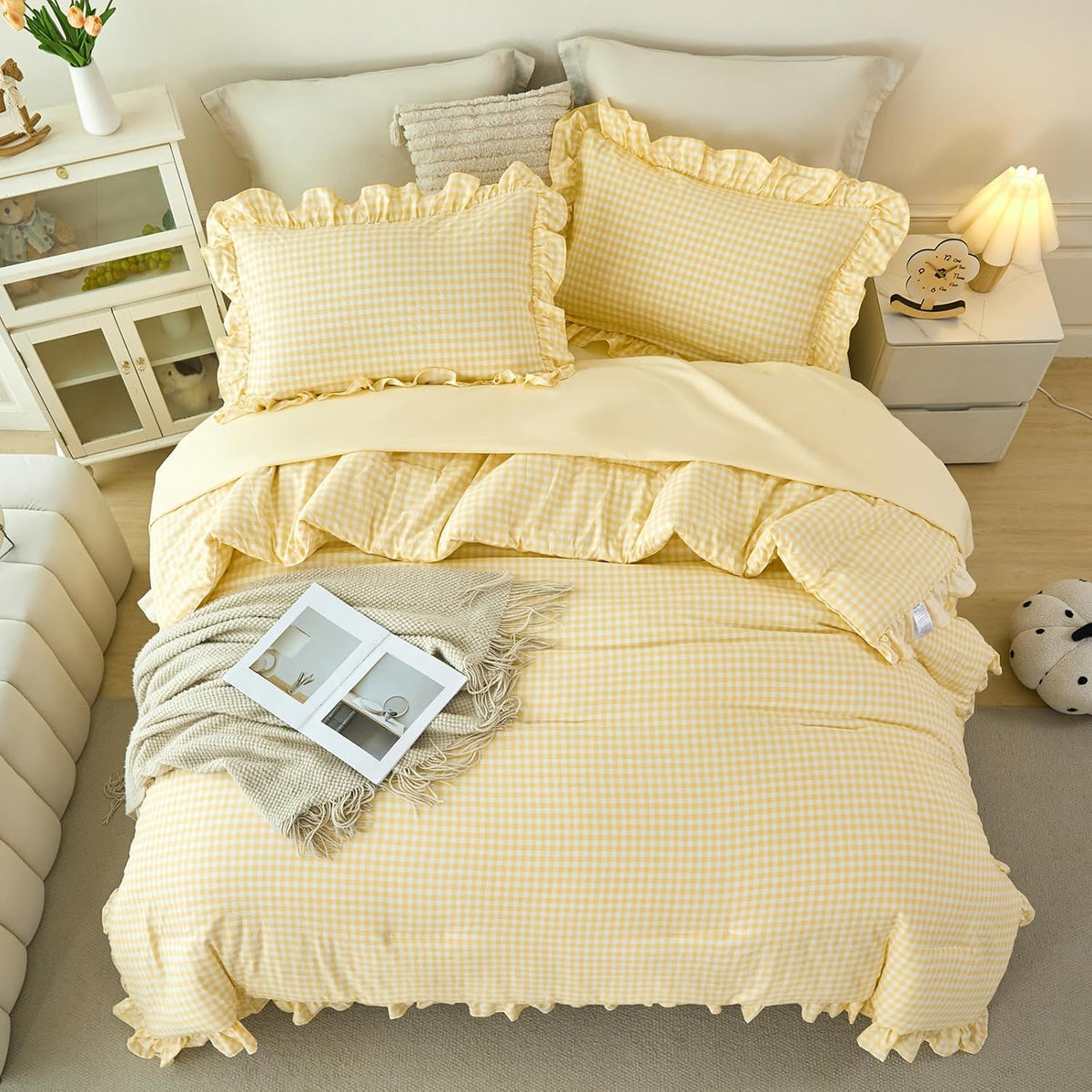 RYNGHIPY 5 Pcs Gingham Bedding Set Queen Yellow Ruffle Comforter Sets