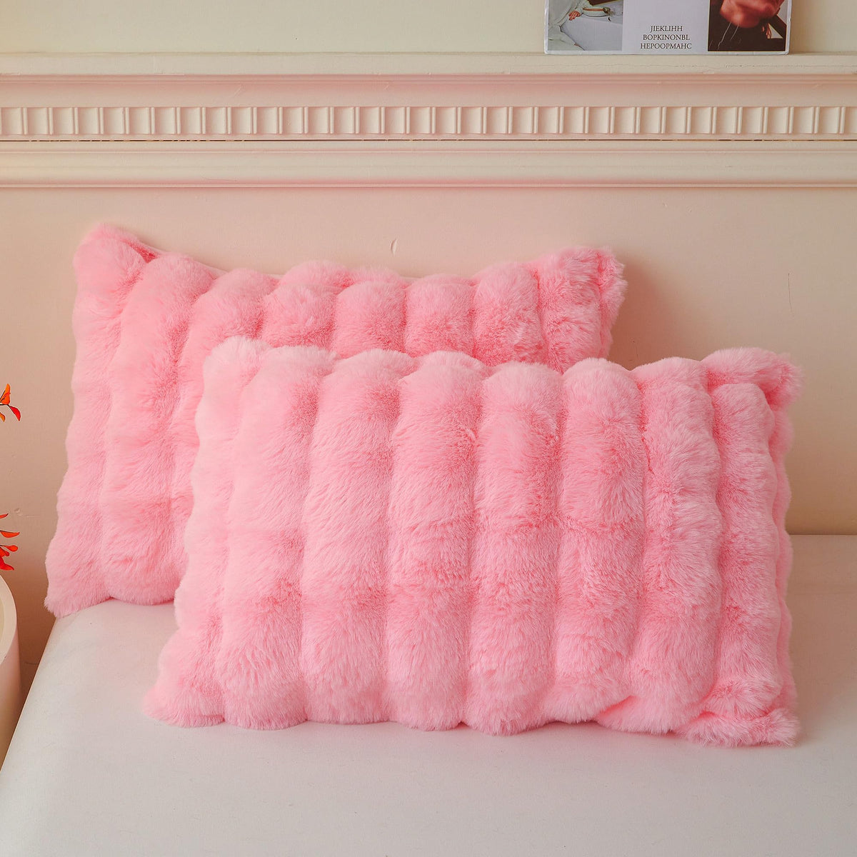 LIFEREVO 2 Pack Fluffy Faux Rabbit Fur Standard Pillow Cases, Beige