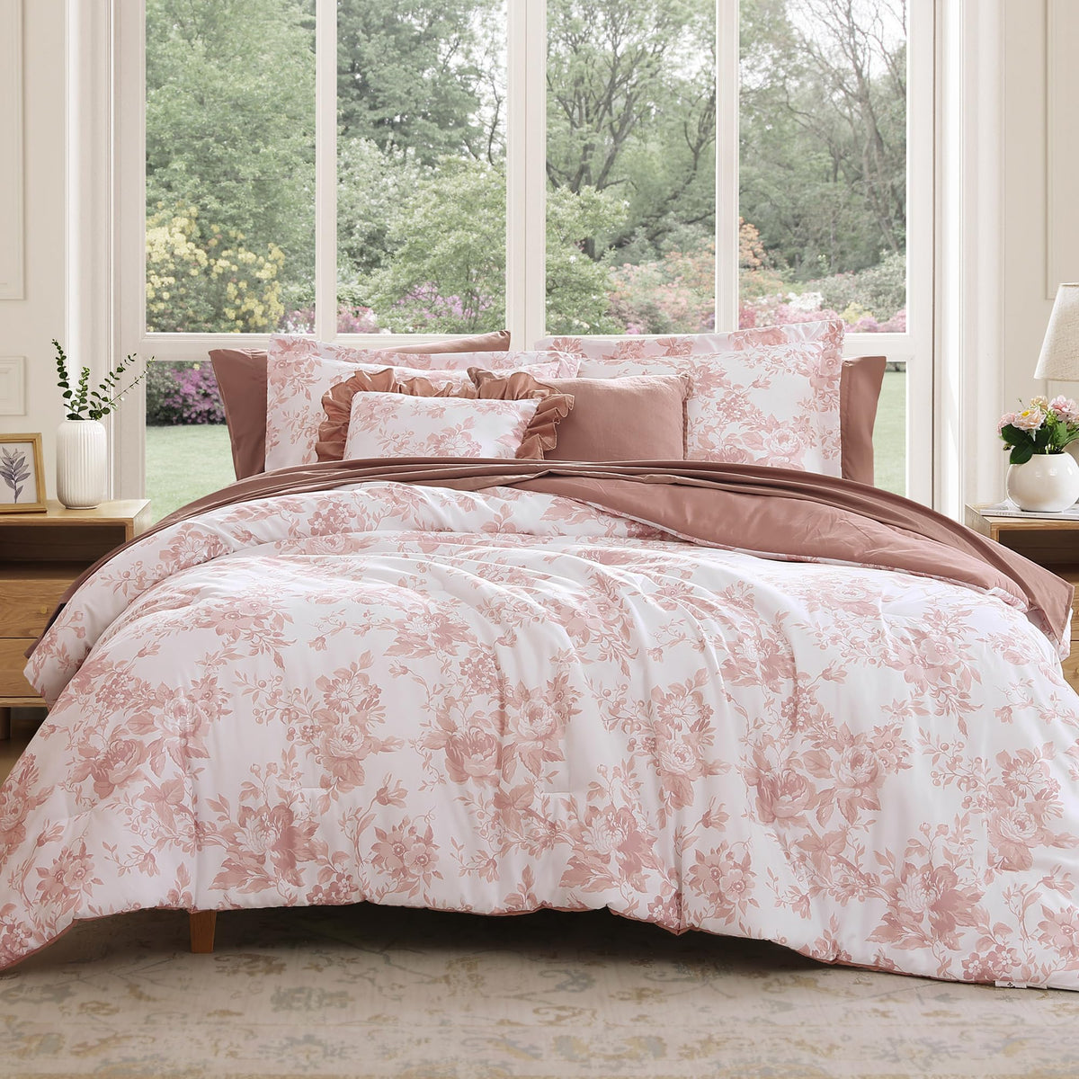 BLOOMHAVEN King Size Comforter Set-7 Pieces Blue Floral Bed in a Bag King