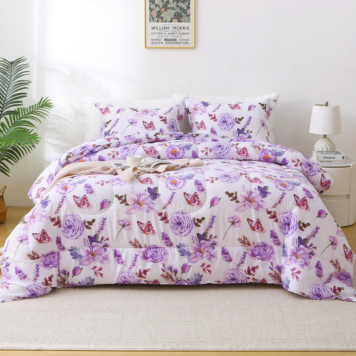 Mooreeke Floral Queen Size Comforter Sets, Lightweight Purple Lavender Botanical Printed Bedding for All Seasons, 3-Piece Vintage Bed in a Bag with Fluffy Quilted Reversible Comforter & 2 Pillow Shams