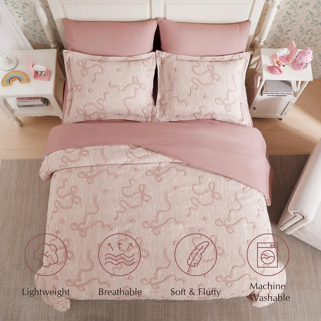 Queen Comforter Set - 7 Pieces Pink Bedding Set Bow Jacquard Bed in a Bag