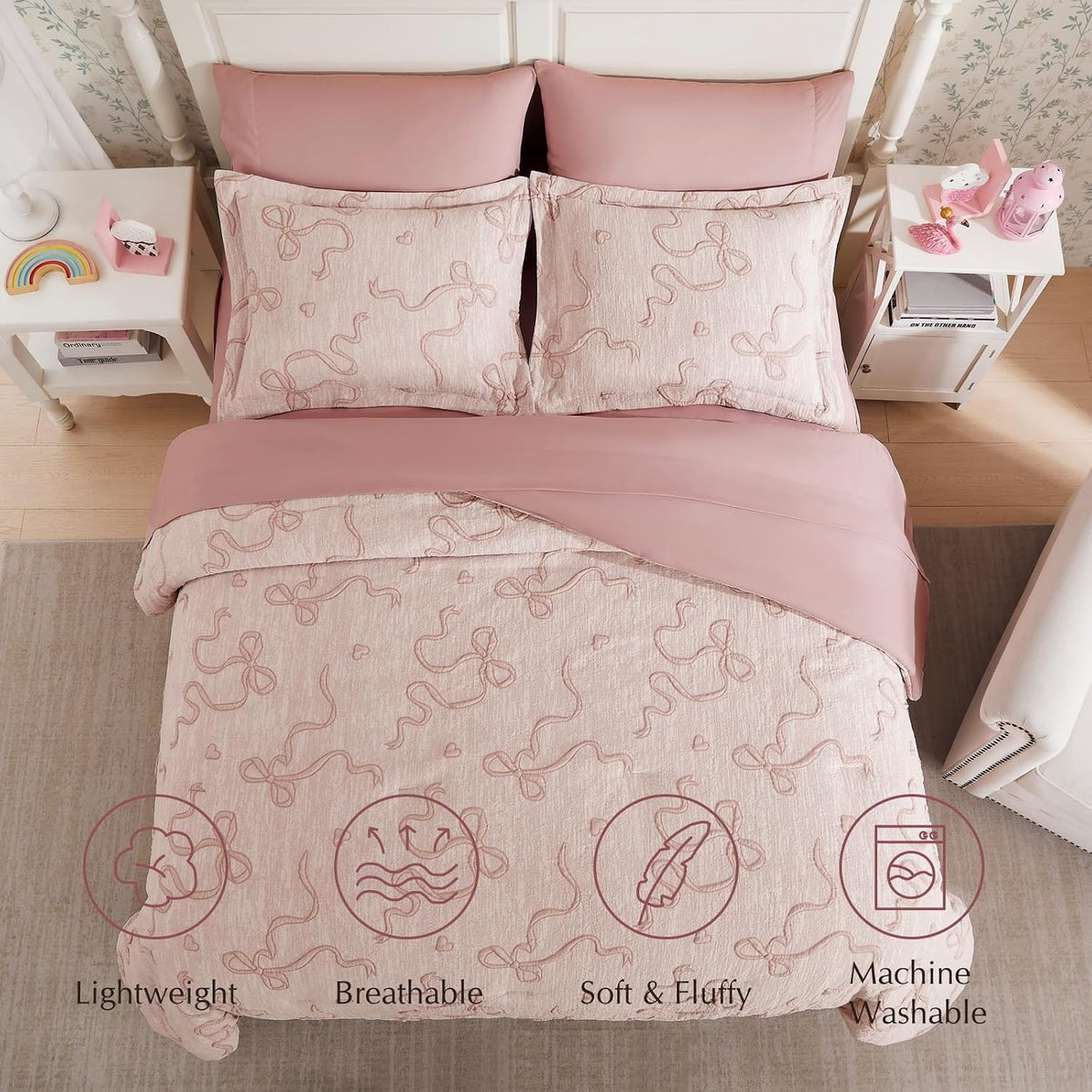 Queen Comforter Set - 7 Pieces Pink Bedding Set Bow Jacquard Bed in a Bag