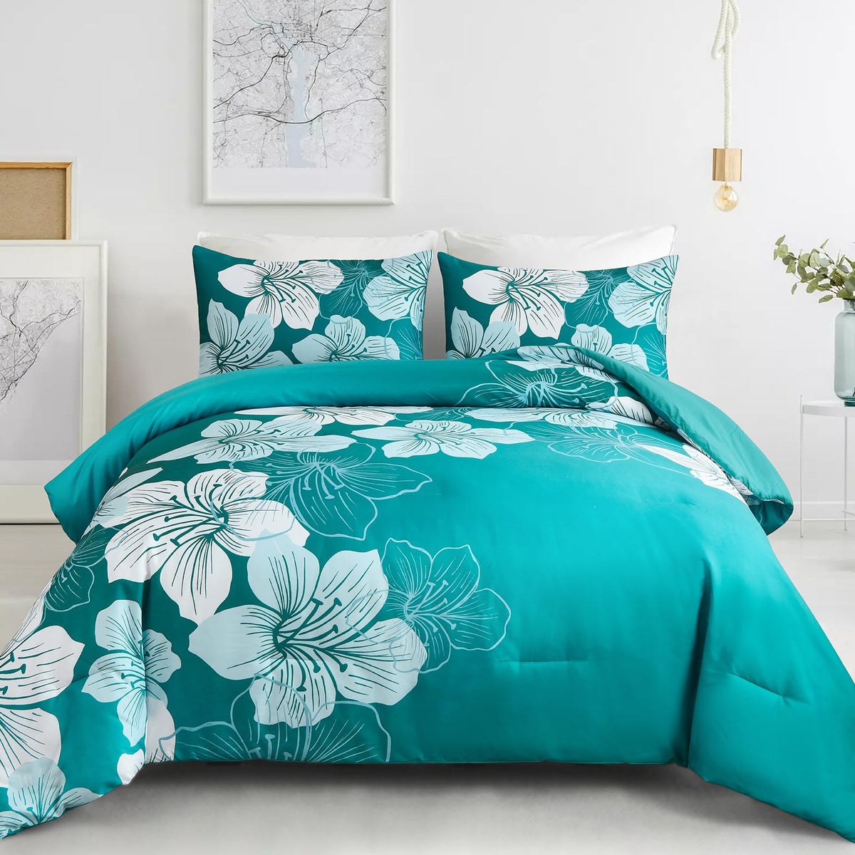 Menghomeus Queen Comforter Set, 3 Piece Dark Purple Floral Bedding Sets