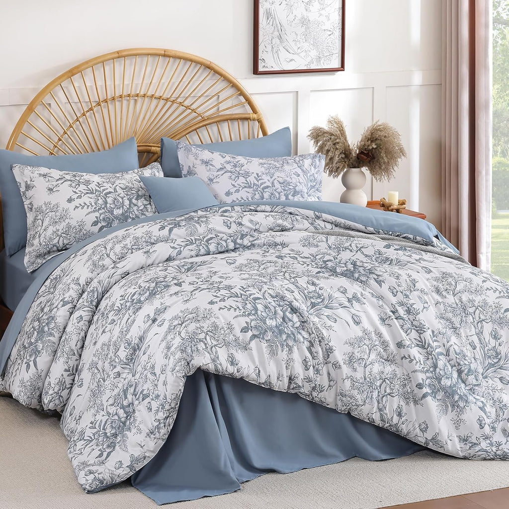 Queen Comforter Set 8 Pieces, Floral Comforter Set Blue, Bed in a Bag Queen