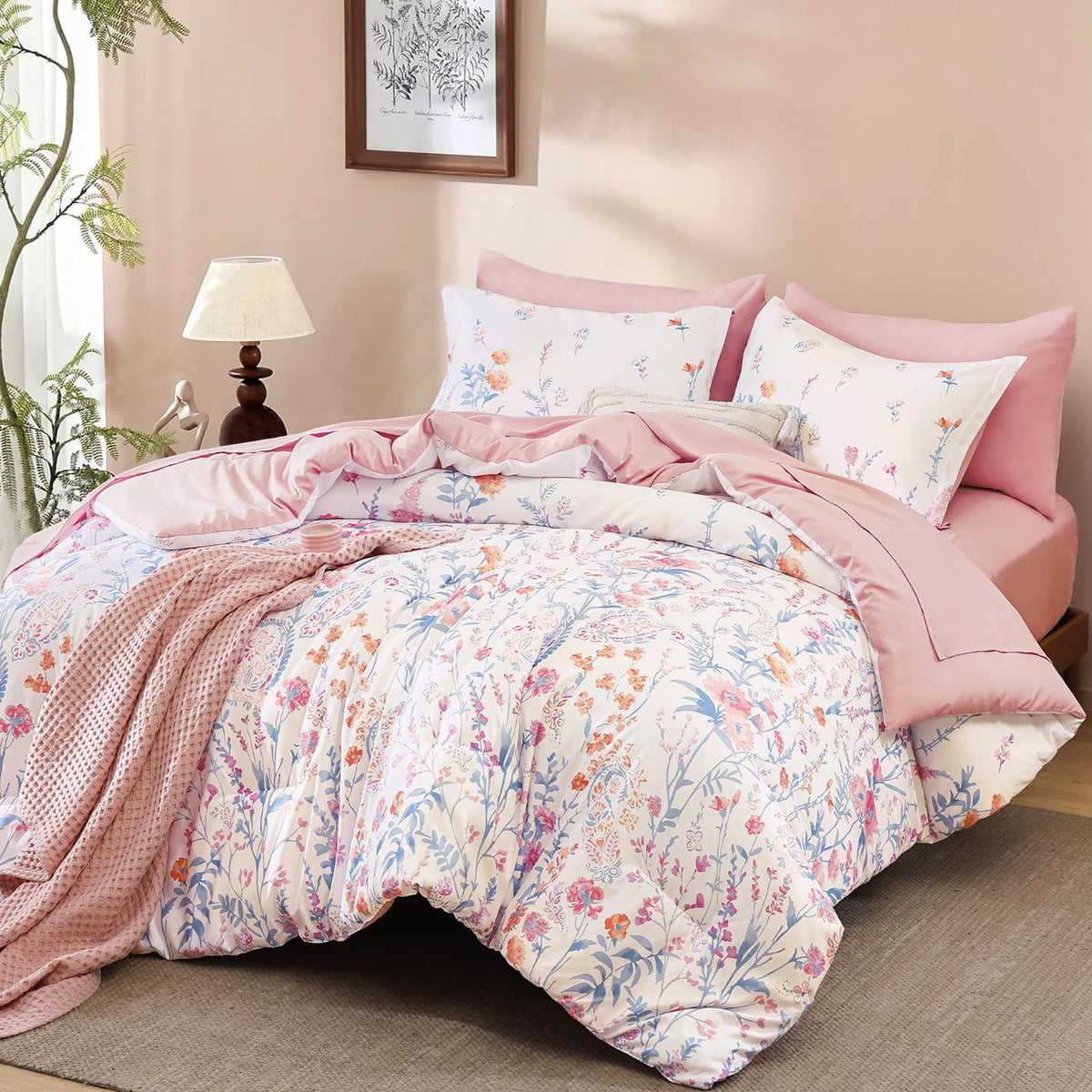 Burnt Orange Floral Comforter Set Queen Size,7 Piece Cute Flower Comforter