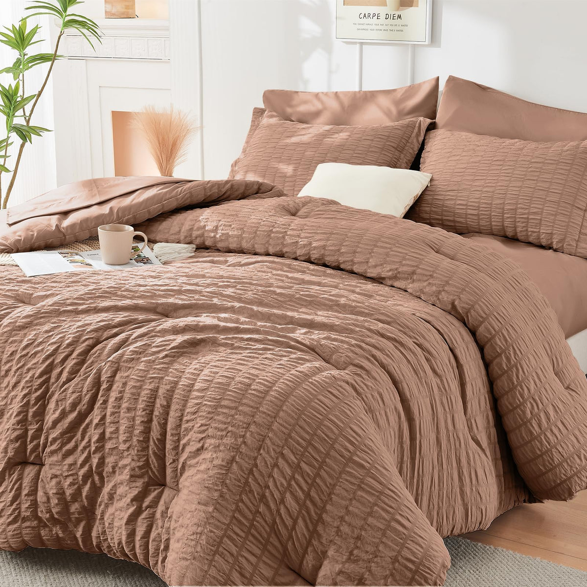 King Comforter Set - 7PCS Bed in a Bag, Seersucker Bedding Set, Dark Grey
