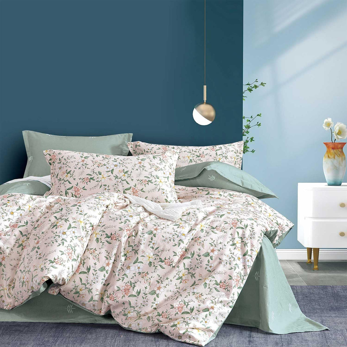 ALEISSEL Natural Cotton 3pcs Floral Comforter Sets King Size-Yellow Comforter with Pink & Yellow Flowers and Blue & Green Leaves on White, Reversible Lightweight Bedding Sets(King 104"×90")