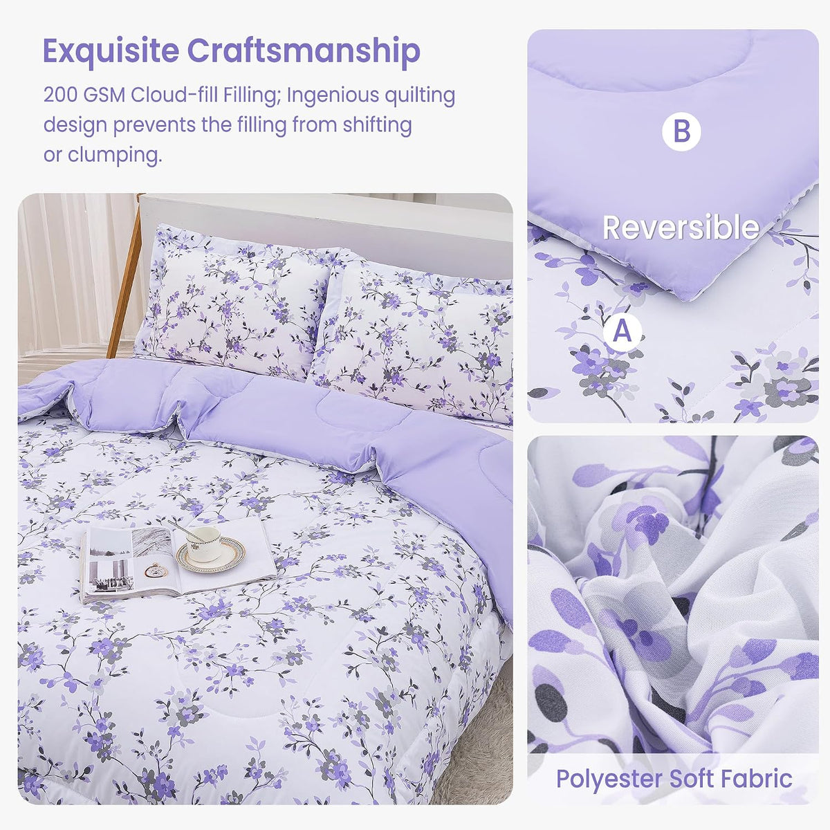 Mooreeke Floral Queen Size Comforter Sets, Lightweight Purple Lavender Botanical Printed Bedding for All Seasons, 3-Piece Vintage Bed in a Bag with Fluffy Quilted Reversible Comforter & 2 Pillow Shams