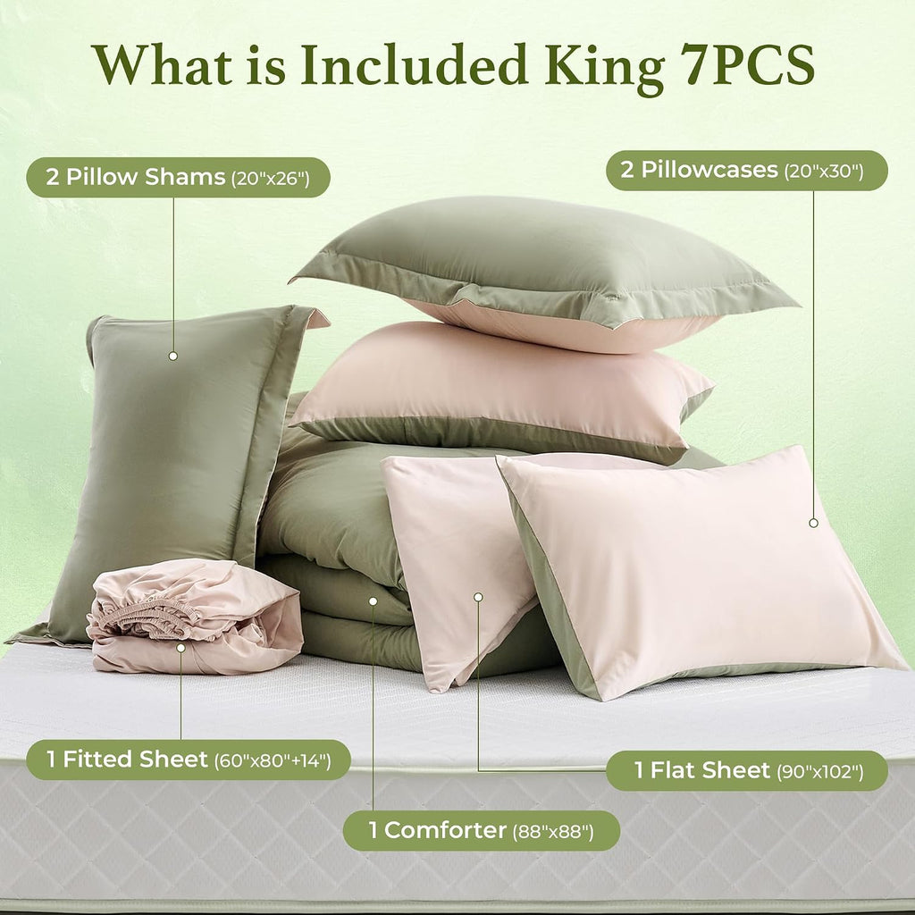 BDEUS 7 Pieces Comforter Set King Size, Reversible Oatmeal & Sage Green Bedding Set, Soft Brushed Microfiber Comforter with Flat Sheet, Fitted Sheet, Pillowcases & Shams, 104"X90"